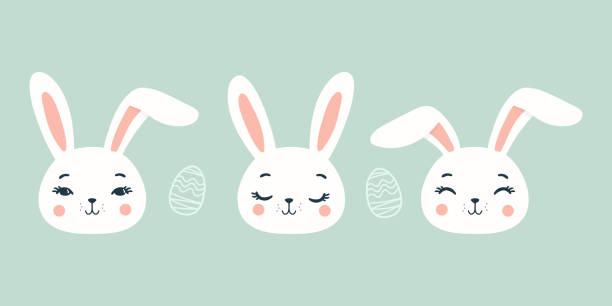 かわいいウサギの顔のアイコンイースター。さまざまな感情を持つかわいいウサギの顔。大復活祭のシンボル。 - rabbit ear antenna点のイラスト素材／クリップアート素材／マンガ素材／アイコン素材