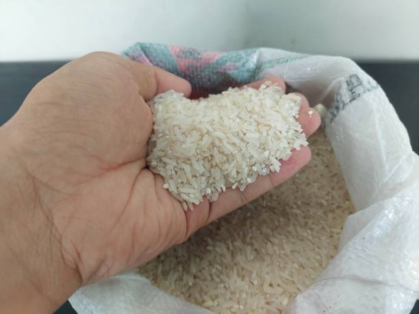 istock White rice in a burlap bag 2065868284