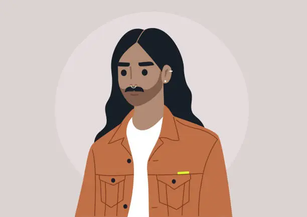 Vector illustration of A Portrait of a Man With Long Waves, A calm young character with flowing wavy hair and a septum ring, clad in a stylish orange jacket