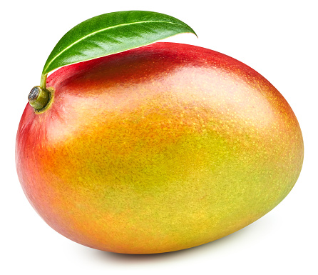 Delicious ripe mango with green on white.