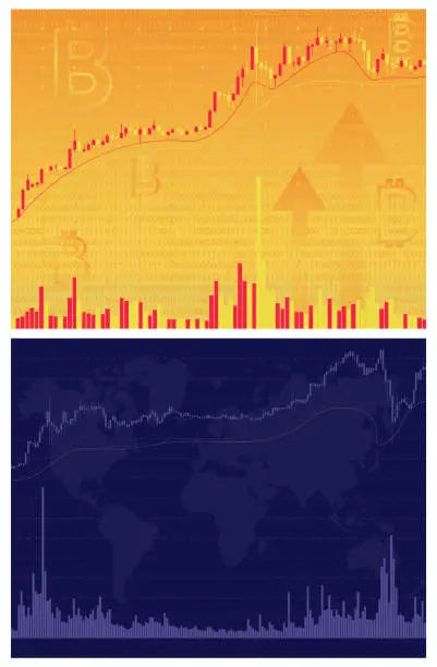 Vector illustration of Cryptocurrency trading. Bitcoin graphic. Bitcoin mining. Finance management concept. Money trading. Digital trade. Profit and loss graph. Online trading via internet.