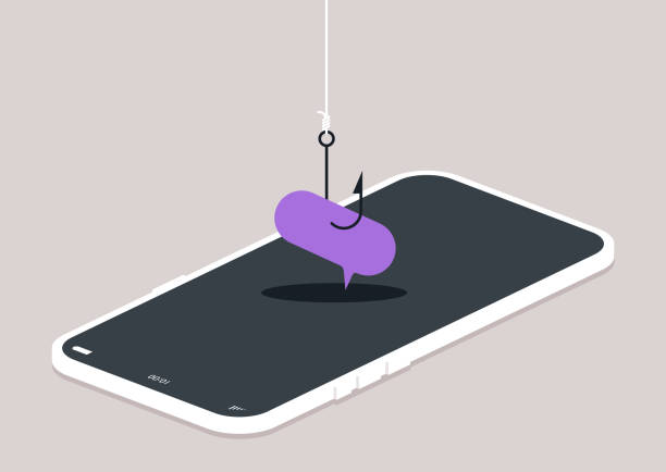 stockillustraties, clipart, cartoons en iconen met digital temptation, a message bubble caught on a cyber hook, a speech cloud ensnared by a fishhook over a smartphone, symbolizing online scam - achterdocht