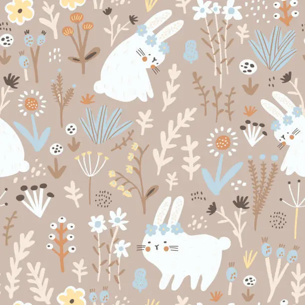 Vector illustration of Seamless childish floral pattern with cute hand drawn rabbits. Creative pastel kids hand drawn texture for fabric, wrapping, textile, wallpaper, apparel. Vector illustration