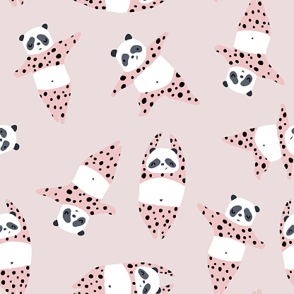 Seamless pattern with cute panda doing yoga. Cartoon creative pink panda texture. Vector illustration.