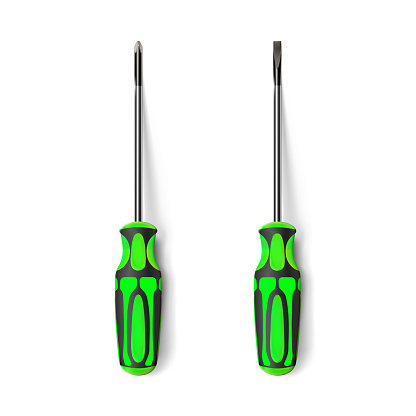 Set from professional realistic screwdrivers with a plastic green handle. Hand metal tools isolated on white background. illustration. Cruciform, slotted for repair and construction.