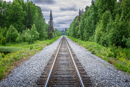 Railroad, railtrack  to Denali National Park, Alaska with impressive mountains