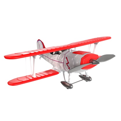 A red and white airplane with a silver propeller. High quality 3d illustration