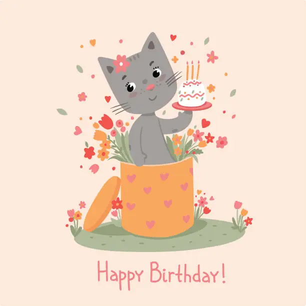 Vector illustration of birthday greeting card with a cute little cat