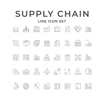 Set line icons of supply chain isolated on white. Plan, factory, raw material, logistics, van, box, contract signing, warehouse, insurance, internet shop, world delivery Vector illustration