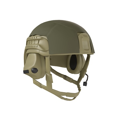 A helmet with a green and tan color. High quality 3d illustration
