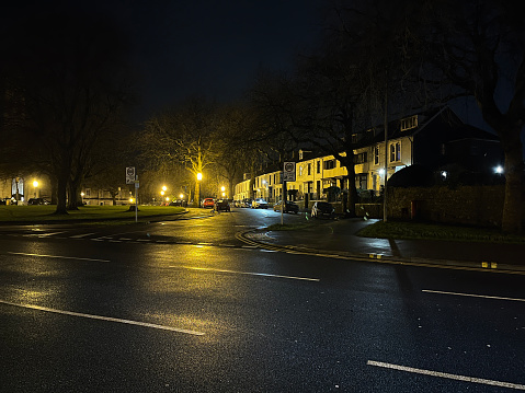 Urban street scene in Welsh city at night