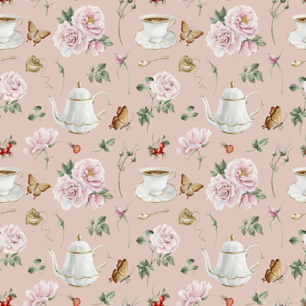 Rose hip pink flowers, red berries, leaves, white porcelain teaware and butterflies, watercolor seamless pattern on pink Rose hip pink flowers, red berries, leaves, white porcelain teaware and butterflies, watercolor seamless pattern on peach pink background. For use in design, fabric, textile, scrapbooking, wallpaper, wrapping papper, gift boxes, greeting cards pink tea stock illustrations
