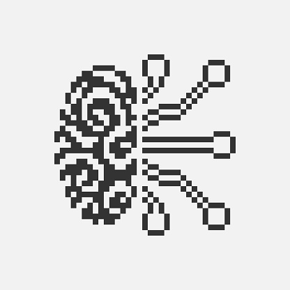 black and white simple 1bit pixel art artificial intelligence icon. brain and chipset
