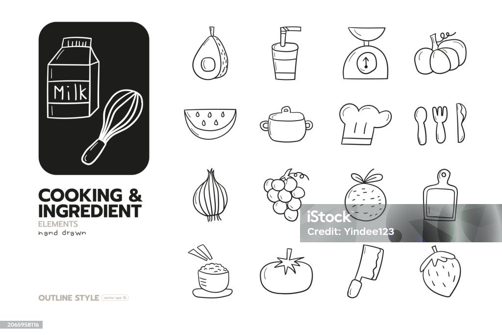 Cook Set Outline Set Of Cooking And Ingredient Hand Drawn Elements Outline Style Vector ...