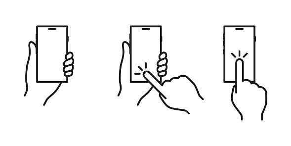 Phone in hand, hand controlling the phone, finger pressing on the phone screen, simple illustration isolated from the background.