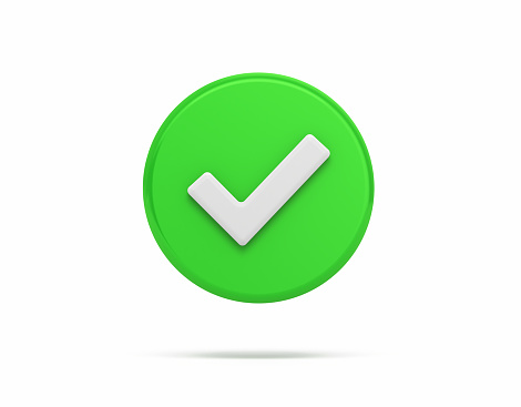 3d render White check mark icon in Green Circle, Object + Shadow Clipping path