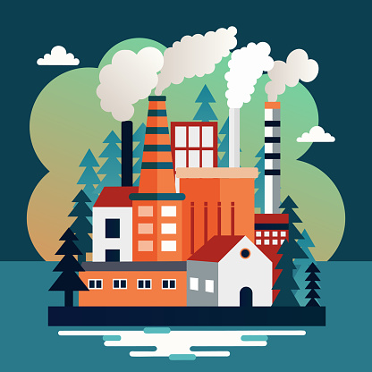 vector illustration of a factory polluting the air, ecology