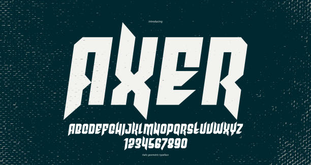 stockillustraties, clipart, cartoons en iconen met sharp and bold gothic font for logo creation of for headlines, edgy geometric modern vector typeface, heavy metal and hard rock style alphabet with numbers, italic version. - revolutie