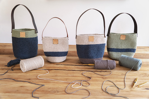 collection of handmade crochet handbags