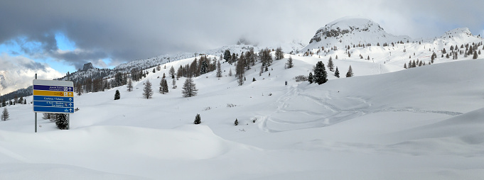 Beautiful winter day with fresh snow  in Cinque Torri - Dolomites