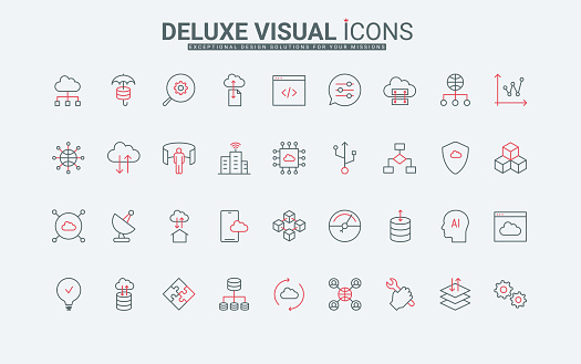 Cloud computing line icons set. Digital support services and hardware to sync and download files, transfer and exchange, update information thin black and red outline symbols, vector illustration