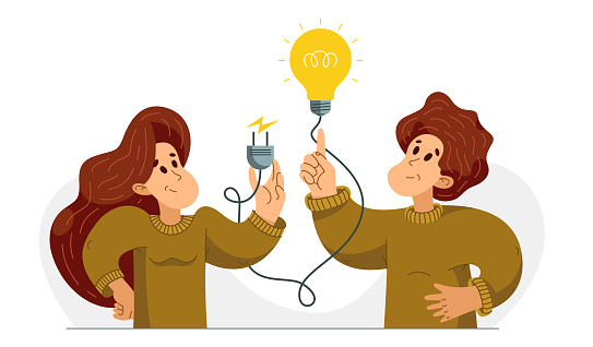 Idea needs resources to be realized embodied in life, vector illustration of a young woman and man with a light bulb and plug for electrify it.