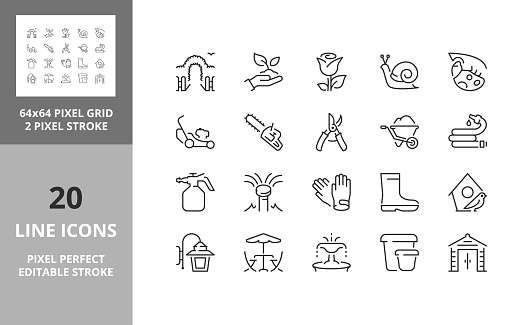 Line icons about gardening and seeding activities. Editable vector stroke. 64 and 256 Pixel Perfect scalable to 128px