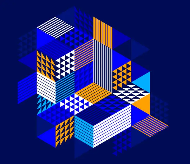 Vector illustration of Dark blue vector abstract geometric background with cubes and different rhythmic shapes, isometric 3D abstraction art displaying city buildings forms look like, op art.