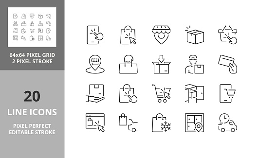 Line icons about shopping online, click and collect. Editable vector stroke. 64 and 256 Pixel Perfect scalable to 128px