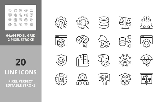 Line icons about business intelligence. Contains such icons as management big data, benchmarking and machine learning. Editable vector stroke. 64 and 256 Pixel Perfect scalable to 128px