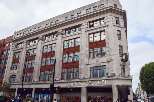 London, UK - August 22 2022: Exterior daytime view of Marks and Spencer store on Oxford Street.