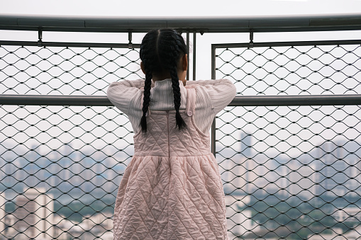 Little girl holding on to the railing and looking at the scenery
