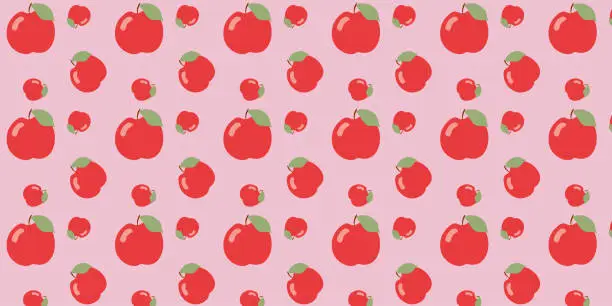 Vector illustration of Flat Vector Apple Seamless pattern. Color Fruit background Cartoon Illustration. Botanical Repeat Pink template for Cover, Wrapping paper, Textile, Fabric. Decorative Graphic Art, Creative Backdrop.