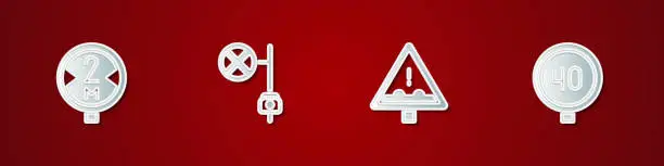 Vector illustration of Set Road traffic sign, Stop with camera, Uneven road ahead and Speed limit icon. Vector