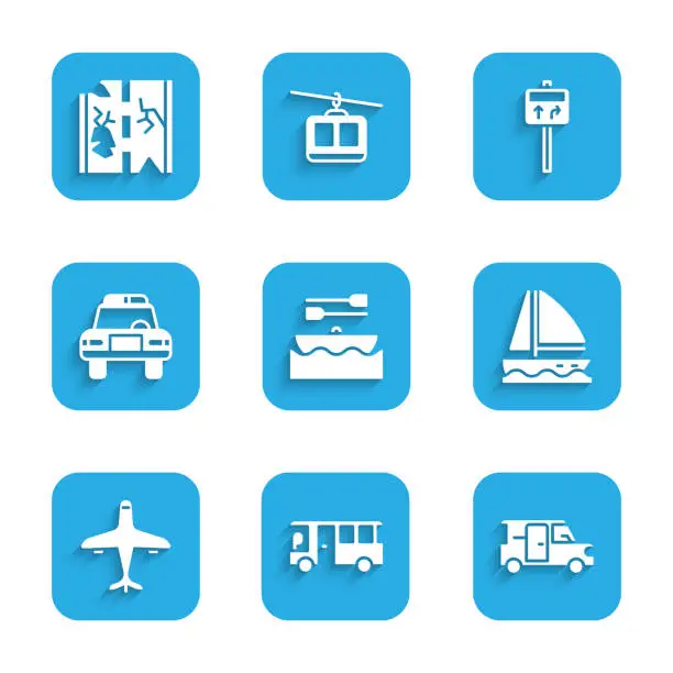 Vector illustration of Set Boat with oars, Bus, Minibus, Yacht sailboat, Plane, Police car and flasher, Road traffic signpost and Broken road icon. Vector