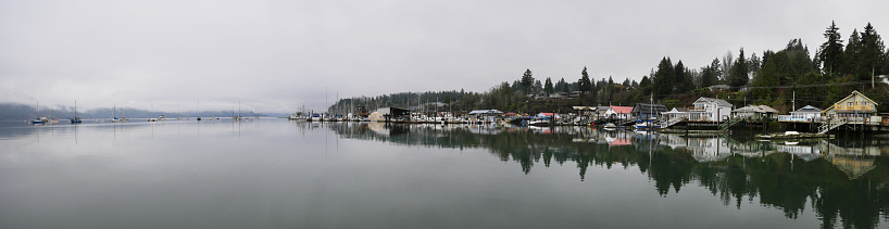 Panorama of Cowichan Bay during a winter season on Vancouver Island in British Columbia, Canada.