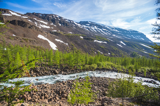 River Hoisey. Polar day on Putorana Plateau, Taimyr. Krasnoyarsk Territory, Russia