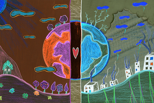 Children's illustration of Earth and its problems