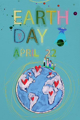 Illustrated planet Earth with people, hearts and date on blue background
