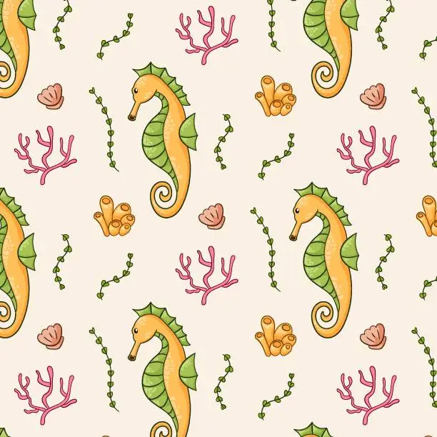 Vector illustration of Sea horse seamless pattern in cartoon style. Undersea life background with coral, fish, seashell and seaweed. Vector illustration.