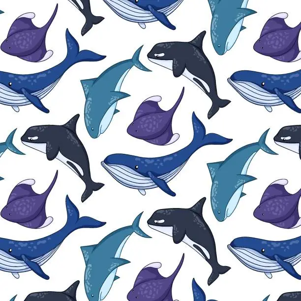 Vector illustration of Undersea and ocean animals seamless pattern in cartoon style. Cute shark, blue whale, stingray and killer whale. Wild marine creatures life. Vector illustration on a white background.