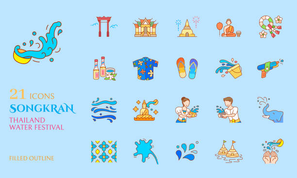 Songkran icon filled outline for celebrate thailand water festival buddhism new year Songkran icon filled outline for celebrate thailand water festival buddhism new year vector thai traditional costume stock illustrations