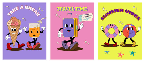 Set summer cartoon posters with funny groovy characters. Retro summer holiday mascots, suitcase, beach ball, ice cream and fresh cool juice. Vector from comics of the 50-60s. Only a good summer mood!