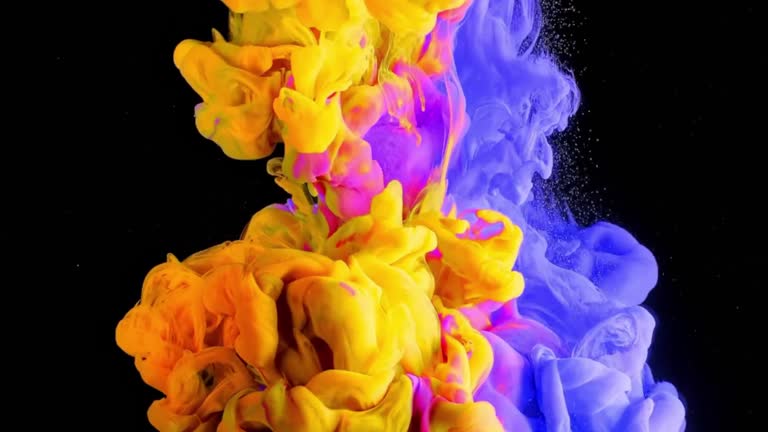 Pink, blue and yellow ink splash in water. Animation .