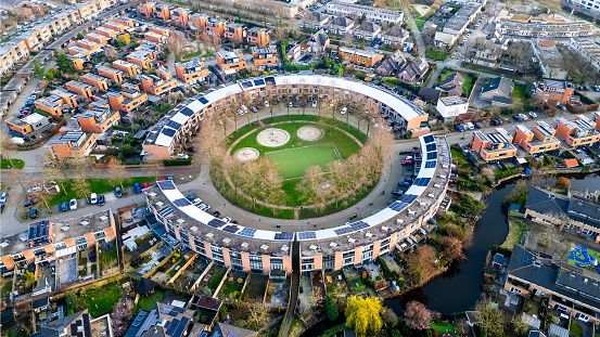 Large aerial photo view of the residential area of Amersfoort Nieuwland at the evening