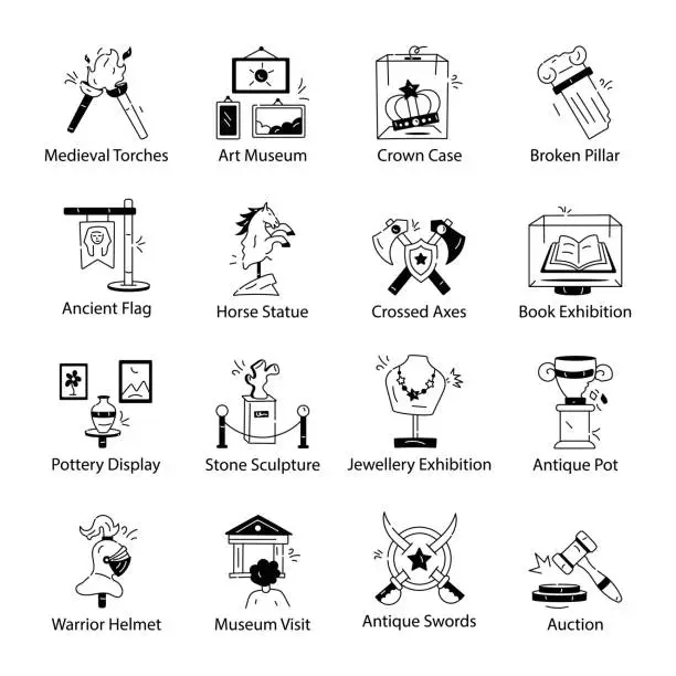 Vector illustration of Bundle of Art Exhibition and Ancient Artifacts Linear Icons