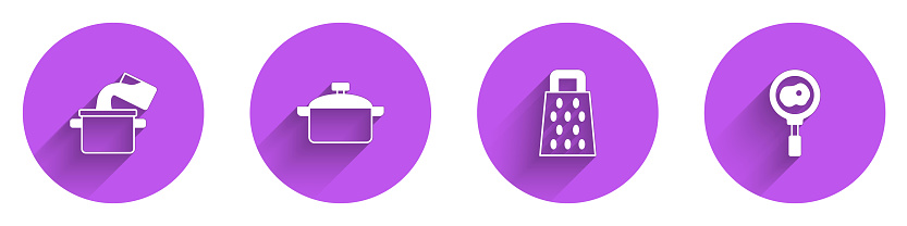 Set Cooking pot, , Grater and Fried eggs on frying pan icon with long shadow. Vector.