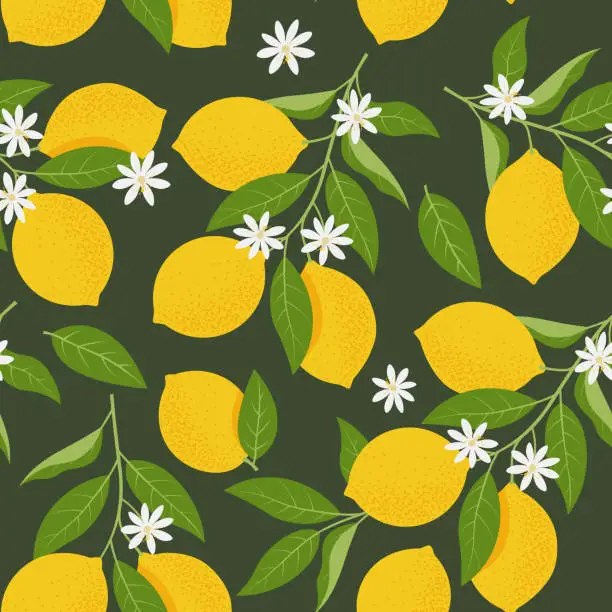 Vector illustration of Tropical seamless pattern with yellow lemon branches. Citrus Fruit background. Vector Illustration in flat style