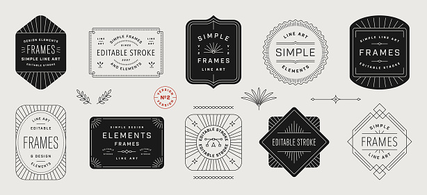 Line art badges and frames. Modern retro frame designs with editable stroke.