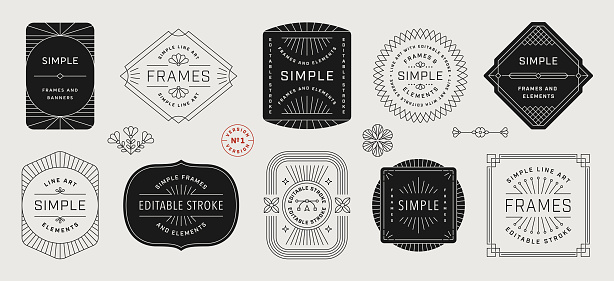 Line art badges and frames. Modern retro frame designs with editable stroke.